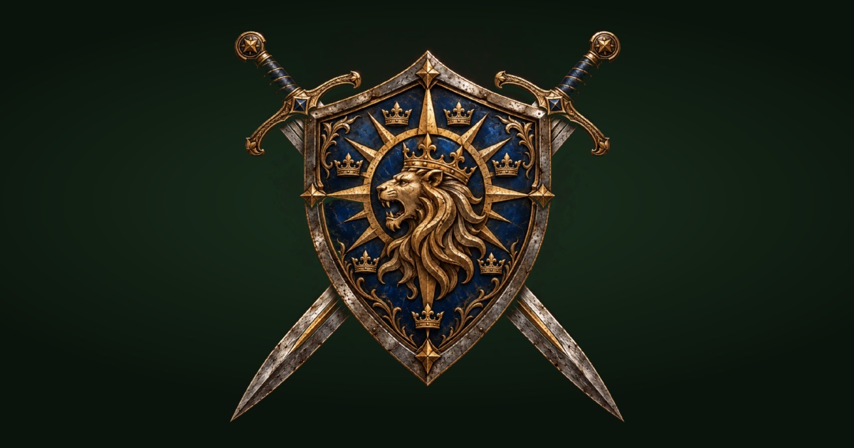 A crowned golden lion on a blue shield between two crossed swords
